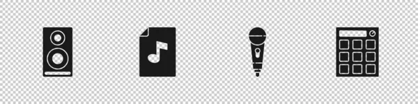 Установите колонку Stereo, музыкальную книгу с заметкой, микрофон и значок машины Drum. Вектор — стоковый вектор