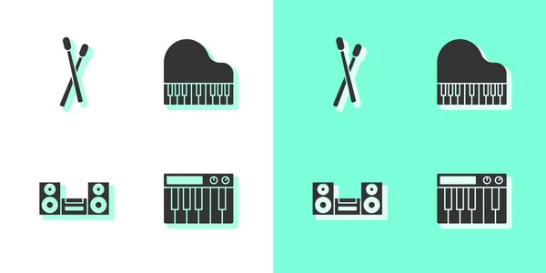 Set Muzieksynthesizer, Drumsticks, Home stereo en Grand piano icoon. Vector — Stockvector