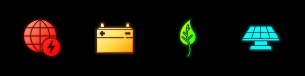 Definir planeta energia global, bateria do carro, folha ou folhas e ícone do painel solar. Vetor — Vetor de Stock