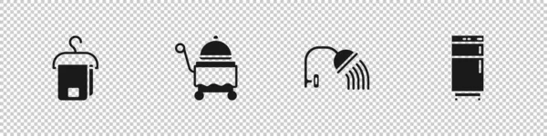 Set de toallas en percha, cubierto con bandeja, cabezal de ducha y el icono del refrigerador. Vector — Archivo Imágenes Vectoriales