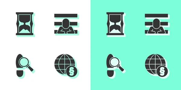 Set International law, Old hourglass, Footsteps and Prisoner icon. Vector — Stock Vector