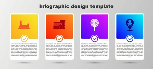 Set Baby potty, comida, Pirulito e chupeta fictícia. Modelo de infográfico de negócios. Vetor — Vetor de Stock