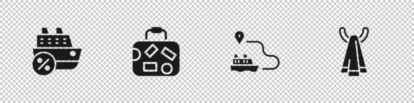 Establecer barco de crucero, maleta, ruta de la línea del barco y toalla en el icono de la percha. Vector — Vector de stock
