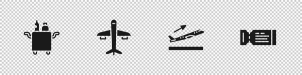 Set Trolley für Lebensmittel, Flugzeug, Start und Airline-Ticket-Symbol. Vektor — Stockvektor