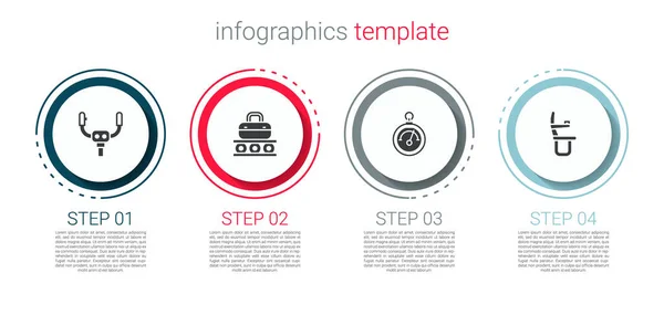 Állítsa be a kormányt, a szállítószalagot bőrönddel, a barométert és a repülőgép ülését. Üzleti infografikai sablon. Vektor — Stock Vector