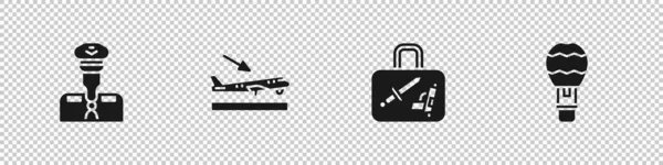 パイロット、平面着陸、スーツケースと熱気球のアイコンを設定します。ベクトル — ストックベクタ