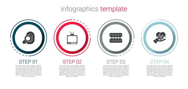 Set apparecchi acustici, tv retrò, falsa mascella e frequenza cardiaca. Modello di infografica aziendale. Vettore — Vettoriale Stock