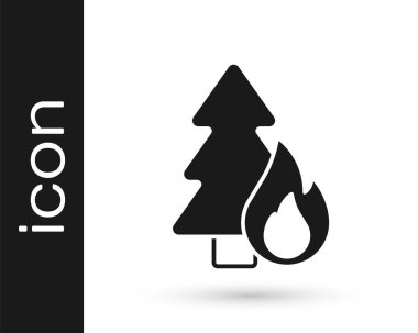 Ateş alevlerindeki siyah orman ağaçları beyaz arka planda izole edilmiş bir ikon. Doğal afet konsepti. Vektör