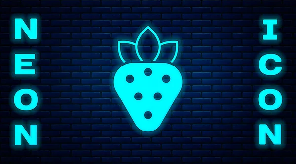 Leuchtende Neon Strawberry Symbol isoliert auf Backsteinwand Hintergrund. Vektor — Stockvektor