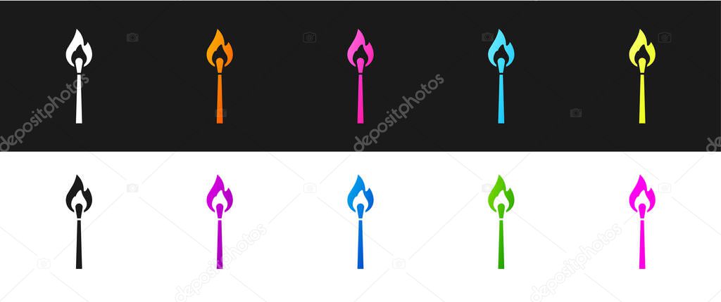 Set Burning match with fire icon isolated on black and white background. Match with fire. Matches sign. Vector