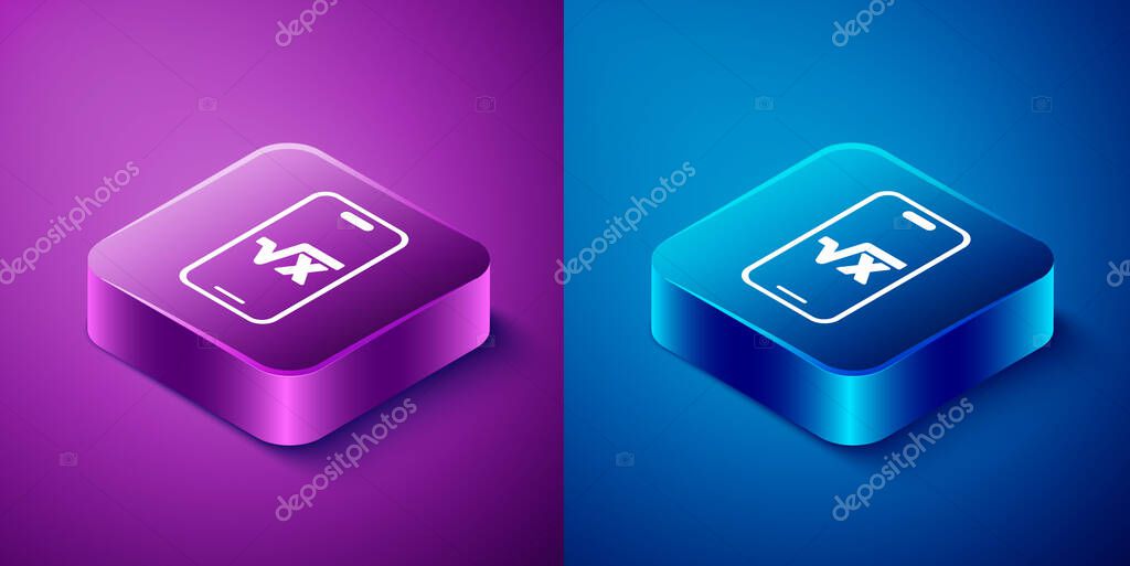 Isometric Square root of x glyph icon isolated on blue and purple background. Mathematical expression. Square button. Vector.