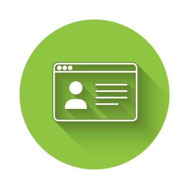 Beyaz Çevrimiçi sınıf simgesi uzun gölgeli izole edilmiş. Çevrimiçi eğitim kavramı. Yeşil daire düğmesi. Vektör