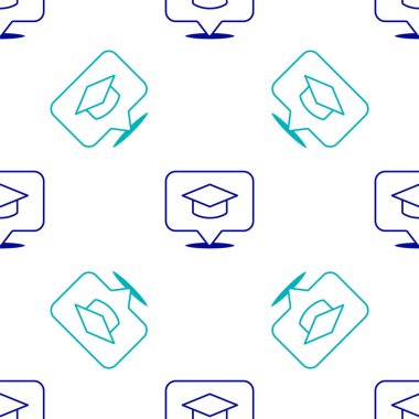 Konuşma baloncuğu simgesinde mavi mezuniyet başlığı beyaz arka planda izole edilmiş kusursuz desen. Tassel ikonlu mezuniyet şapkası. Vektör