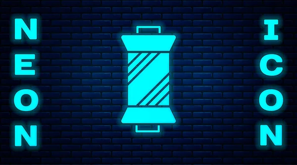 Lumineux néon Fil à coudre sur l'icône de bobine isolé sur fond de mur de briques. Bobine de fil. Canette filetée. Vecteur — Image vectorielle