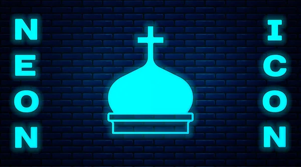 Glowing neon Christian church tower icon isolated on brick wall background. Religion of church. Vector