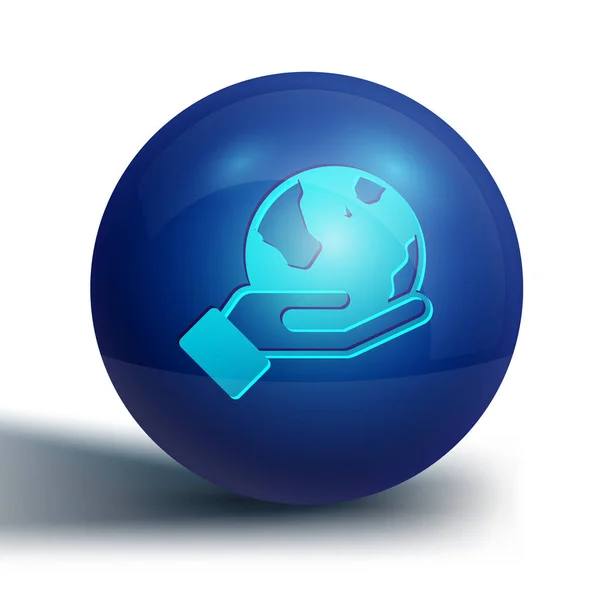 Blue Human mão segurando ícone do globo terrestre isolado no fundo branco. Salvar conceito de terra. Botão de círculo azul. Vetor —  Vetores de Stock