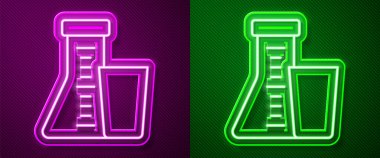 Parlayan neon hattı test tüpü ve mor ve yeşil arkaplanda izole edilmiş kimyasal test ikonu. Laboratuvar cam levhası. Vektör