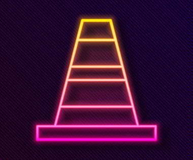 Parlayan neon hattı trafik konisi simgesi siyah arkaplanda izole edildi. Vektör