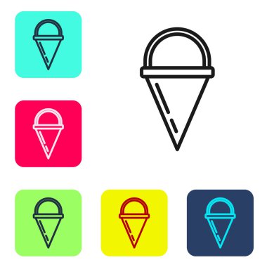 Beyaz arka planda siyah çizgi ateş konisi kova simgesi izole edildi. Metal koni kovası boş ya da yangın söndürme suyu var. Renkli kare düğmelerle simgeleri ayarla. Vektör