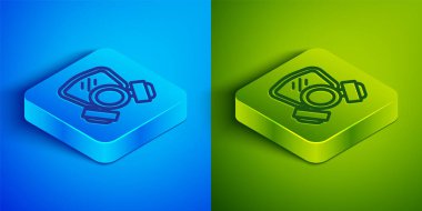 Isometric çizgi Gaz maskesi simgesi mavi ve yeşil arkaplanda izole edildi. Solunum cihazı işareti. Kare düğmesi. Vektör