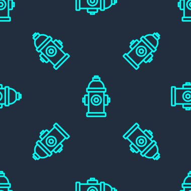 Yeşil çizgi yangın musluğu simgesi mavi arka planda izole edilmiş pürüzsüz desen. Vektör