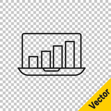 Grafik çizelgesi simgesi olan siyah çizgi dizüstü bilgisayarı şeffaf arkaplanda izole edilmiş. Metin dosya simgesini rapor et. Muhasebe tabelası. Denetim, analiz, planlama. Vektör