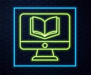 Parlayan neon hattı çevrimiçi sınıf simgesi tuğla duvar arka planında izole edildi. Çevrimiçi eğitim kavramı. Vektör
