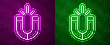 Mor ve yeşil arkaplanda parlayan neon çizgi mıknatıs simgesi izole edildi. At nalı mıknatısı, manyetizma, manyetizma, çekim. Vektör