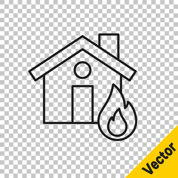 Línea negra Fuego en el icono de la casa en llamas aislado sobre fondo transparente. Vector — Vector de stock