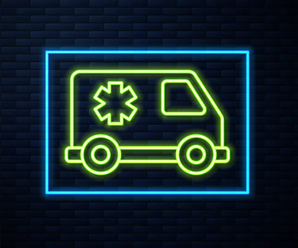 Lysende neonrør Ambulanse og nødbilikon isolert på veggbakgrunn av murstein. Ambulansebil medisinsk evakuering. Vektor – stockvektor