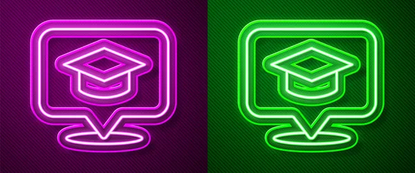 Gloeiende neon lijn Graduation cap in spraakbel pictogram geïsoleerd op paarse en groene achtergrond. Afstudeerhoed met kwastje icoon. Vector — Stockvector
