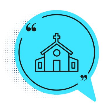 Siyah çizgi kilise binası ikonu beyaz arka planda izole edilmiş. Hıristiyan Kilisesi. Kilisenin dini. Mavi konuşma balonu sembolü. Vektör