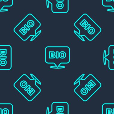 Yeşil çizgi biyo yeşil sağlıklı yiyecek ikonu mavi arka planda izole edilmiş pürüzsüz desen. Organik ürün. Sağlıklı yemek etiketi. Vektör