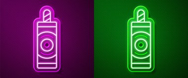 Parlayan neon hattı Havai fişek simgesi mor ve yeşil arkaplanda izole edildi. Eğlence partisi anlayışı. Patlayıcı havai fişek sembolü. Vektör