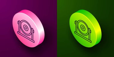 Isometric line Gong musical percussion instrument circular metal disc icon isolated on purple and green background. Circle button. Vector vector