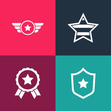 Pop sanatları polis rozeti, yıldız madalyası, ABD Bağımsızlık Günü ve Yıldız Amerikan askeri ikonu. Vektör