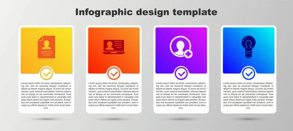 Definir currículo, laptop com currículo, Criar tela de conta e lâmpada de farol. Modelo de infográfico de negócios. Vetor —  Vetores de Stock