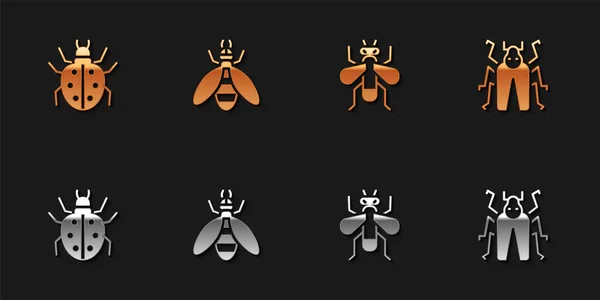 Imposta acaro, ape, mosca insetto e icona bug Maggiolino. Vettore — Vettoriale Stock
