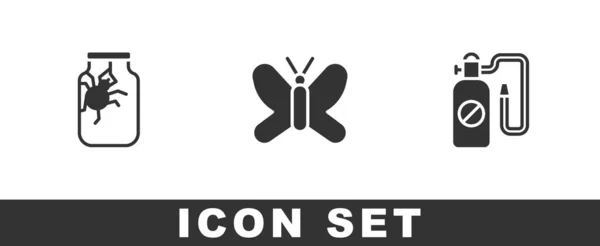 Pókot befőttesüvegbe, pillangó és nyomásszóró ikonba. Vektor — Stock Vector