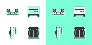 Drum, Home stereo, Audio jack ve Guitar amplifikatör simgesini ayarla. Vektör