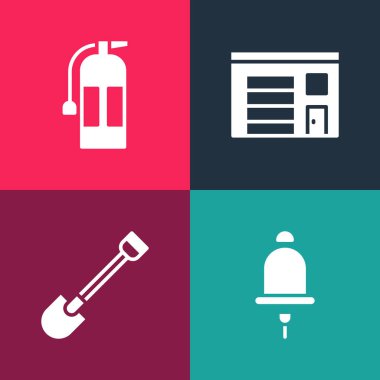 Pop sanatları alarm zilini, yangın küreğini, itfaiye binasını ve yangın söndürme ikonunu ayarla. Vektör