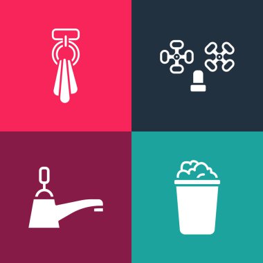 Pop Art Bucket 'ı sabun köpüğü, musluk suyu ve havlu askı ikonuyla hazırla. Vektör