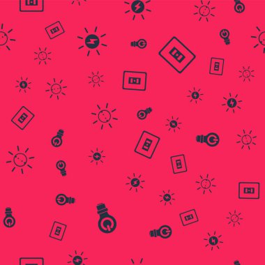 Ampulü yıldırımla, güneş enerjisi paneliyle ve elektrik priziyle kusursuz desene ayarlayın. Vektör