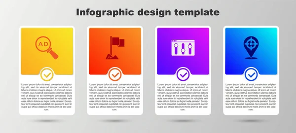 Establecer publicidad, marcador de ubicación, configuración del navegador y el deporte de destino. Plantilla de infografía empresarial. Vector — Vector de stock