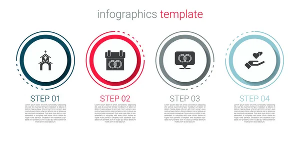 Conjunto de construcción de la iglesia, calendario, anillos de boda y la mano del corazón. Plantilla de infografía empresarial. Vector — Vector de stock