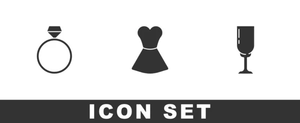 Set Diamanten verlovingsring, Vrouw jurk en Glas champagne icoon. Vector — Stockvector