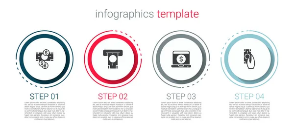 Set Stacks espèces de papier-monnaie, distributeur automatique de billets et, ordinateur portable avec dollar et paiements rapides. Modèle d'infographie d'entreprise. Vecteur — Image vectorielle