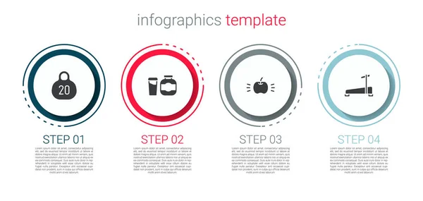 Set Kettlebell, nutrition sportive, machine Apple et tapis roulant. Modèle d'infographie d'entreprise. Vecteur — Image vectorielle