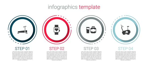 Set loopband machine, Slim horloge, Sportvoeding en Stationaire fiets. Bedrijfsinfographic sjabloon. Vector — Stockvector