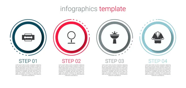 Набор лезвия бритва, круглое зеркало макияж, умывальник с водопроводной кран и халат. Бизнес-инфографический шаблон. Вектор — стоковый вектор